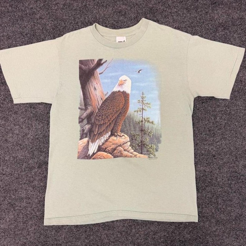 Vintage 90s Anvil Bald Eagle Nature T-Shirt Mens Medium Green Graphic Tee